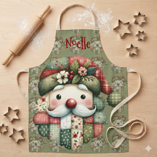 Whimsical Patchwork Santa Folk Christmas Apron