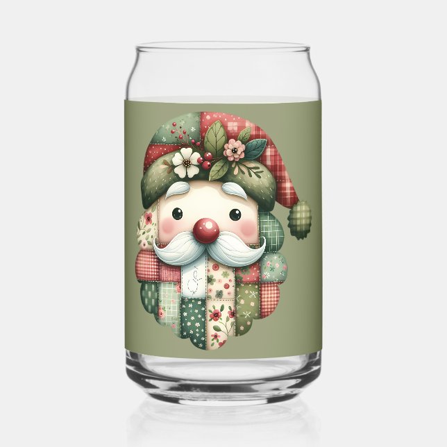 Whimsical Patchwork Santa Folk Christmas Can Glass (Front)