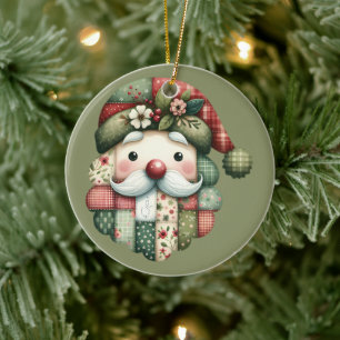 Whimsical Patchwork Santa Folk Christmas Ceramic Tree Decoration