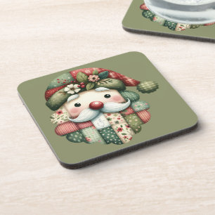 Whimsical Patchwork Santa Folk Christmas Coaster