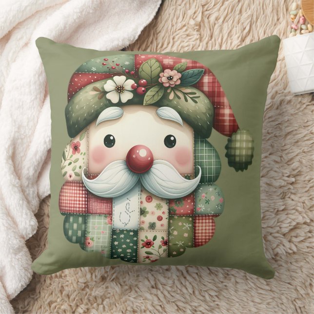 Whimsical Patchwork Santa Folk Christmas Cushion (Blanket)