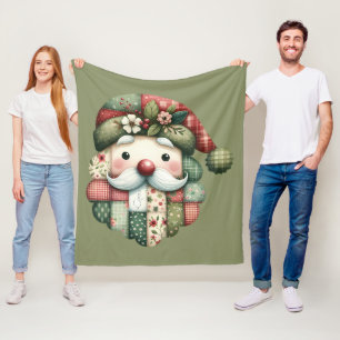 Whimsical Patchwork Santa Folk Christmas Fleece Blanket