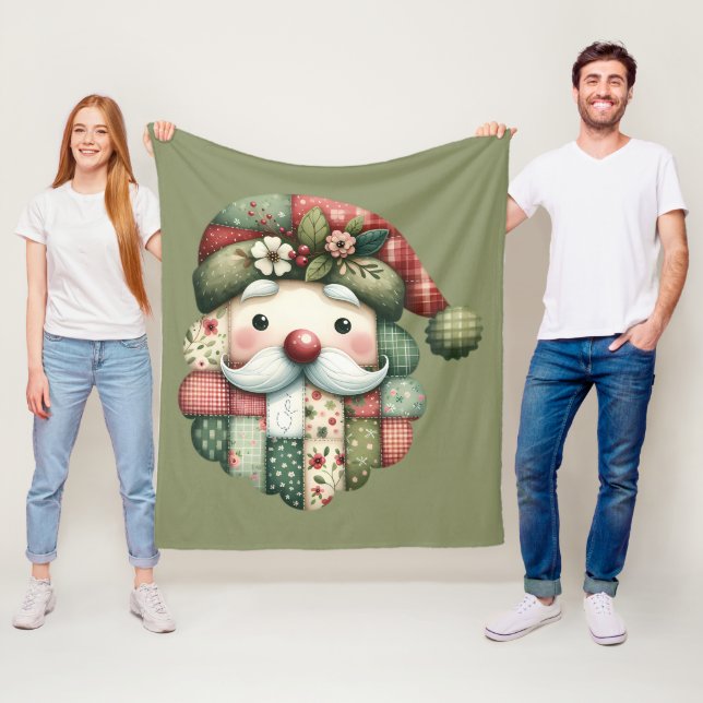 Whimsical Patchwork Santa Folk Christmas Fleece Blanket (In Situ)