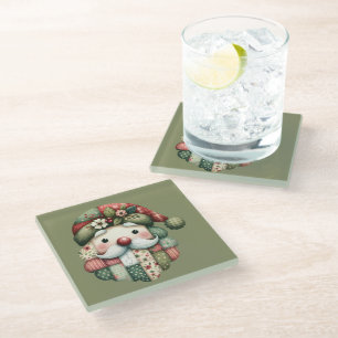 Whimsical Patchwork Santa Folk Christmas Glass Coaster