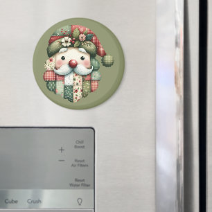 Whimsical Patchwork Santa Folk Christmas Magnet
