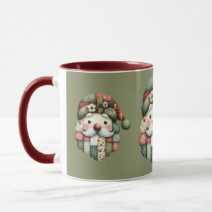Whimsical Patchwork Santa Folk Christmas Mug