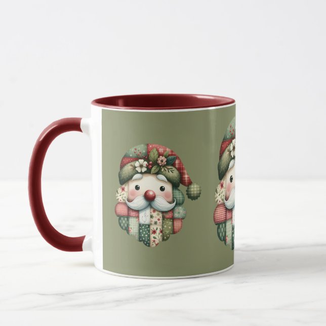 Whimsical Patchwork Santa Folk Christmas Mug (Left)