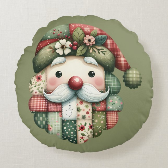 Whimsical Patchwork Santa Folk Christmas Round Cushion (Front)