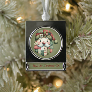 Whimsical Patchwork Santa Folk Christmas Silver Plated Banner Ornament