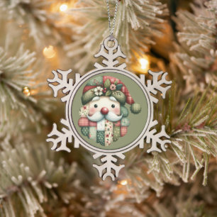 Whimsical Patchwork Santa Folk Christmas Snowflake Pewter Christmas Ornament