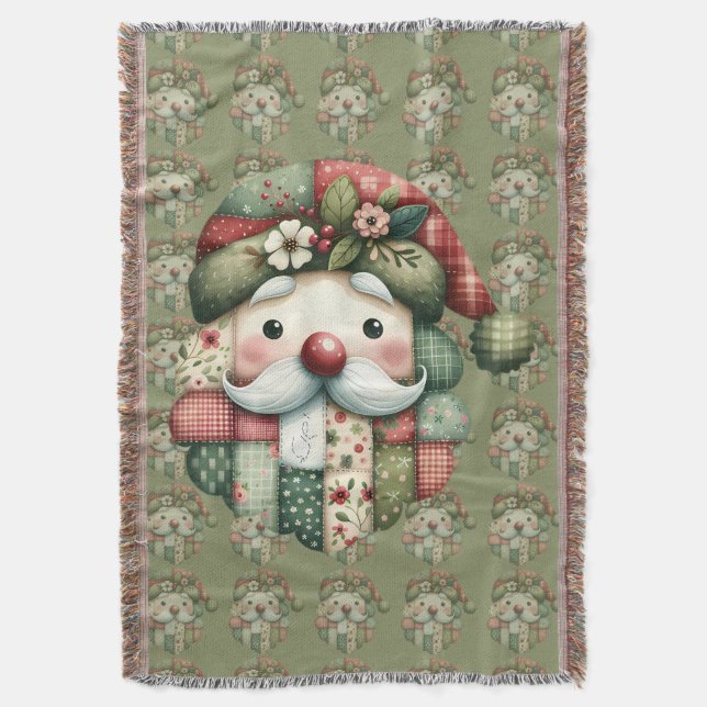 Whimsical Patchwork Santa Folk Christmas Throw Blanket (Front Vertical)