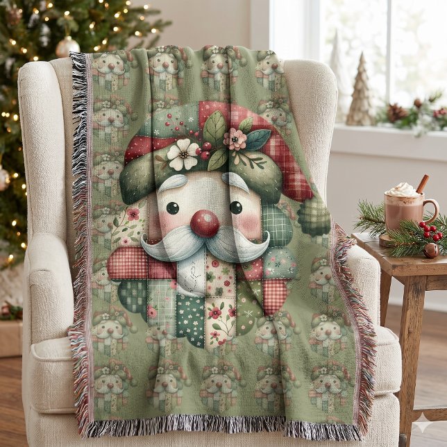 Whimsical Patchwork Santa Folk Christmas Throw Blanket (Whimsical Patchwork Santa Folk Christmas Throw Blanket)