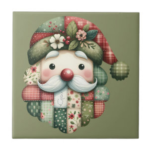 Whimsical Patchwork Santa Folk Christmas Tile