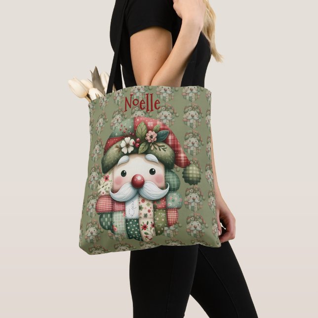 Whimsical Patchwork Santa Folk Christmas Tote Bag (Close Up)