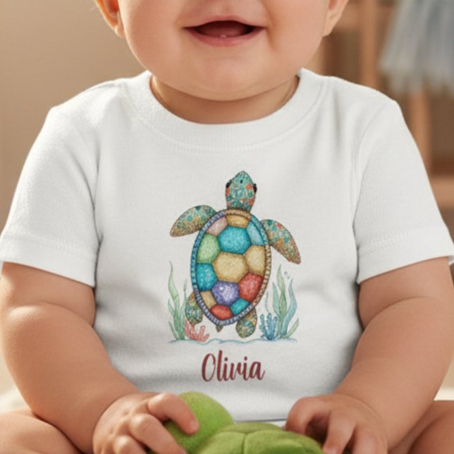 Whimsical Patchwork Sea Turtle Baby T-Shirt (Creator Uploaded)