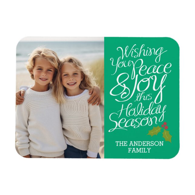 Whimsical Peace and Joy Holly Berry Holiday Photo Magnet (Horizontal)