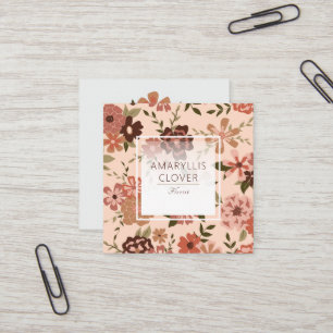 Whimsical Peach Brown Floral Pattern Square Business Card