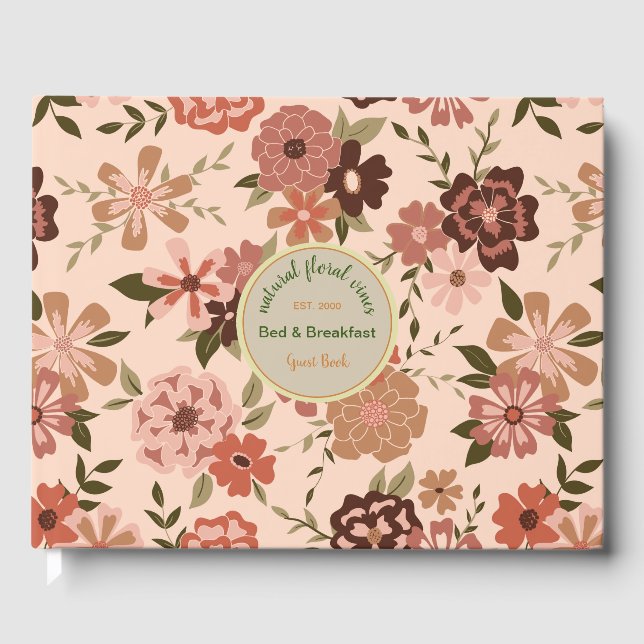 Whimsical Peach Brown FloralVacation Bed Breakfast Guest Book (Front)