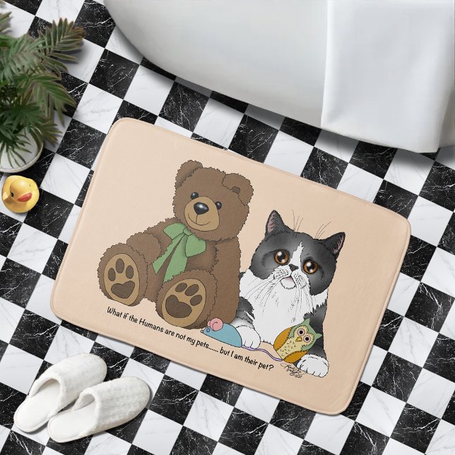 Whimsical Peach Cute Grey Cat Teddy Bear Humour Bath Mat (Creator Uploaded)