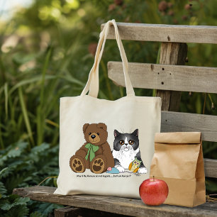 Whimsical Peach Cute Grey Cat Teddy Bear Humour Tote Bag