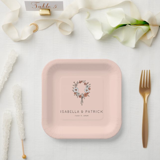 Whimsical Peach Floral Wreath Paper Plate (Wedding)