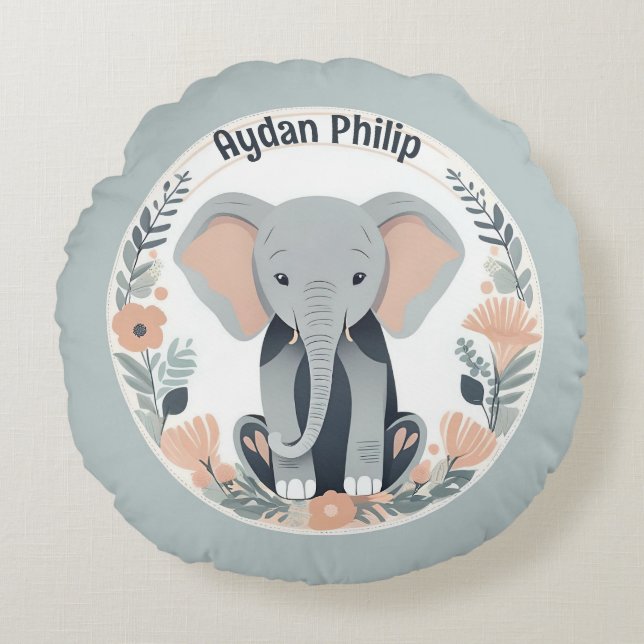 Whimsical Peach & Grey Baby Elephant Round Cushion (Front)