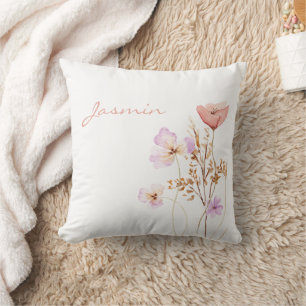 Whimsical Peach Lilac Wildflowers Name Cushion