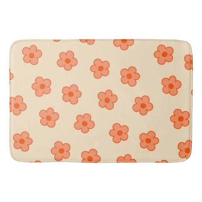 Whimsical Peach & Orange Floral Retro, Cheerful Bath Mat (Front)