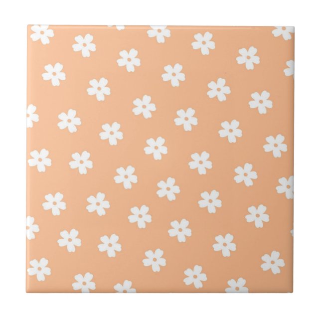 Whimsical Peach & White Floral Retro, Cheerful Tile (Front)