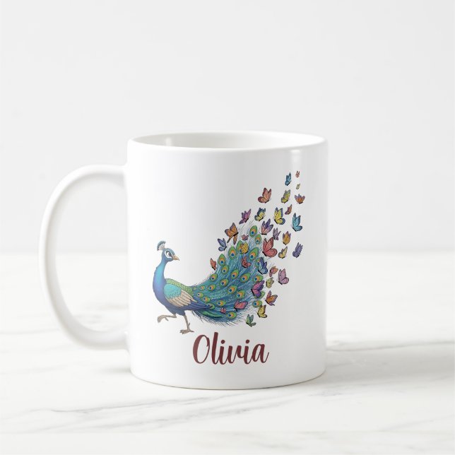 Whimsical Peacock and Butterfly Coffee Mug (Left)