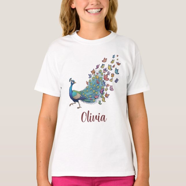 Whimsical Peacock and Butterfly T-Shirt (Front)