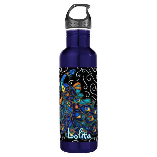 Whimsical Peacock Chalk Pastel Bird Personalised 710 Ml Water Bottle (Front)