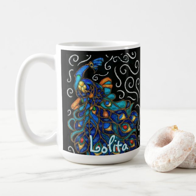 Whimsical Peacock Chalk Pastel Bird Personalised Coffee Mug (With Donut)