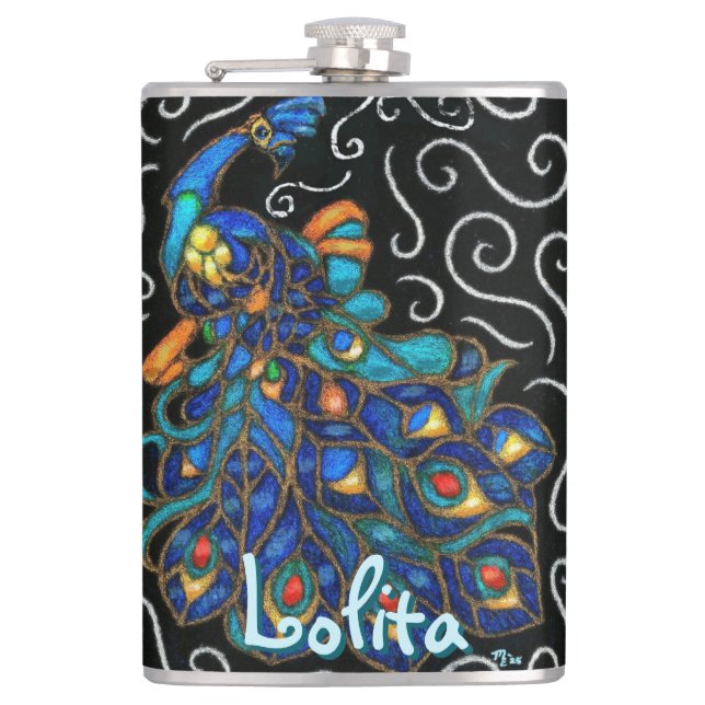 Whimsical Peacock Chalk Pastel Bird Personalised Hip Flask (Front)