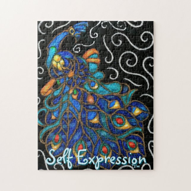 Whimsical Peacock Chalk Pastel Bird Personalised Jigsaw Puzzle (Vertical)