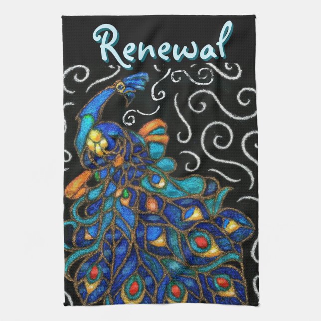 Whimsical Peacock Chalk Pastel Bird Personalised Tea Towel (Vertical)