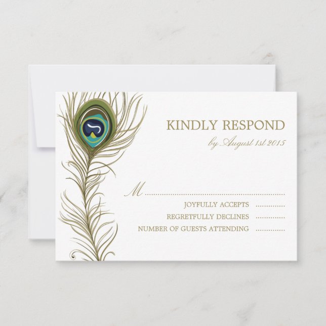 Whimsical Peacock Feather Wedding RSVP Card (Front)