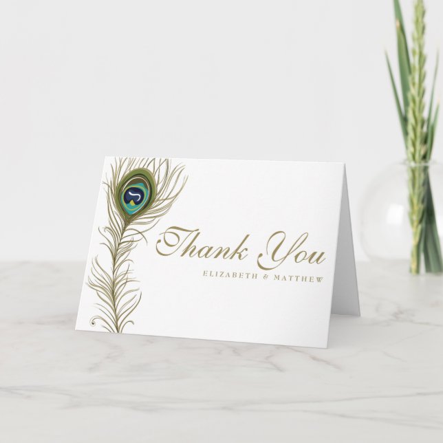 Whimsical Peacock Feather Wedding Thank You Card (Front)