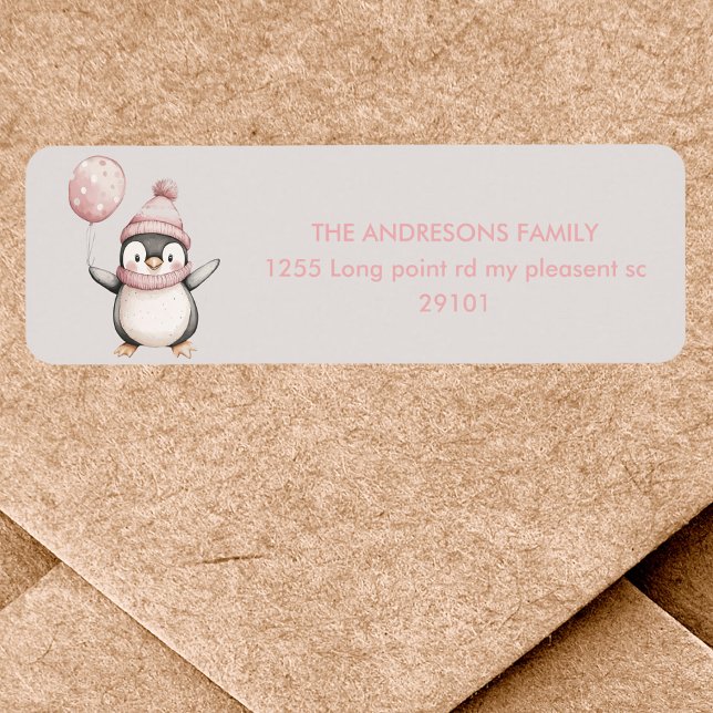 Whimsical Penguin Birthday Label | Vintage Pink  (Creator Uploaded)