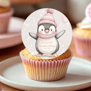Whimsical Penguin Birthday Thank You Pink Classic Round Sticker