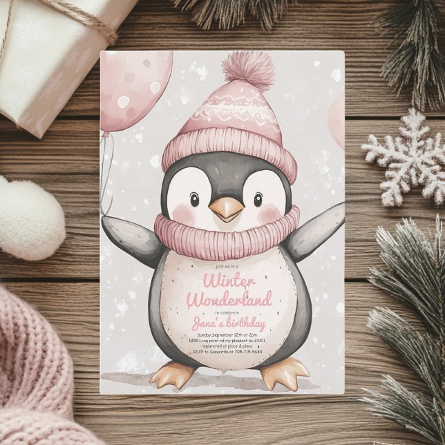 Whimsical Penguin Birthday | Vintage Pink Invitation (Creator Uploaded)