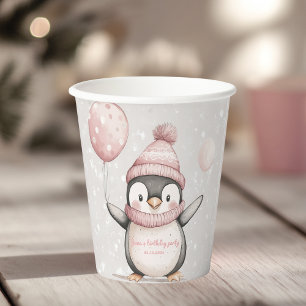 Whimsical Penguin Birthday Vintage Pink Paper Cups