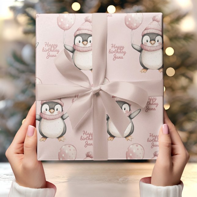 Whimsical Penguin Birthday | Vintage Pink Wrapping Paper (Creator Uploaded)