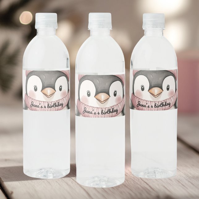 Whimsical Penguin Birthday Water | Vintage Pink Bottle Label (Creator Uploaded)