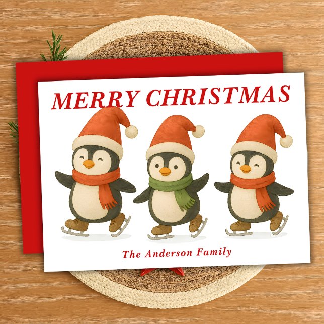 Whimsical Penguins Ice Skating Christmas Holiday Card (Creator Uploaded)