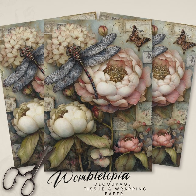 Whimsical Peony & Dragonfly Ephemera Decoupage  Tissue Paper (Creator Uploaded)