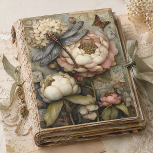 Whimsical Peony & Dragonfly Ephemera Decoupage  Tissue Paper