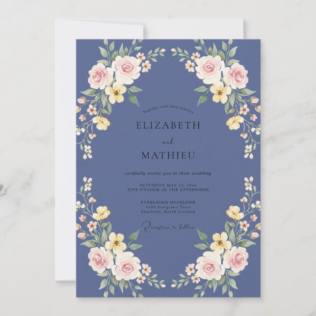 Whimsical Periwinkle Yellow Wreath Wedding Invitation (Front)