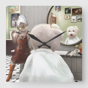 Whimsical Pet Barber Shop Square Wall Clock