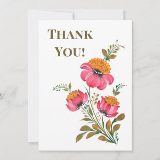 Whimsical Petrykivka Pink Floral Thank You Card